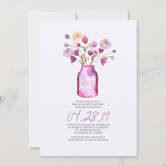 Invitation Douche nuptiale fleurie en pot de mason d'aquarell (Devant)