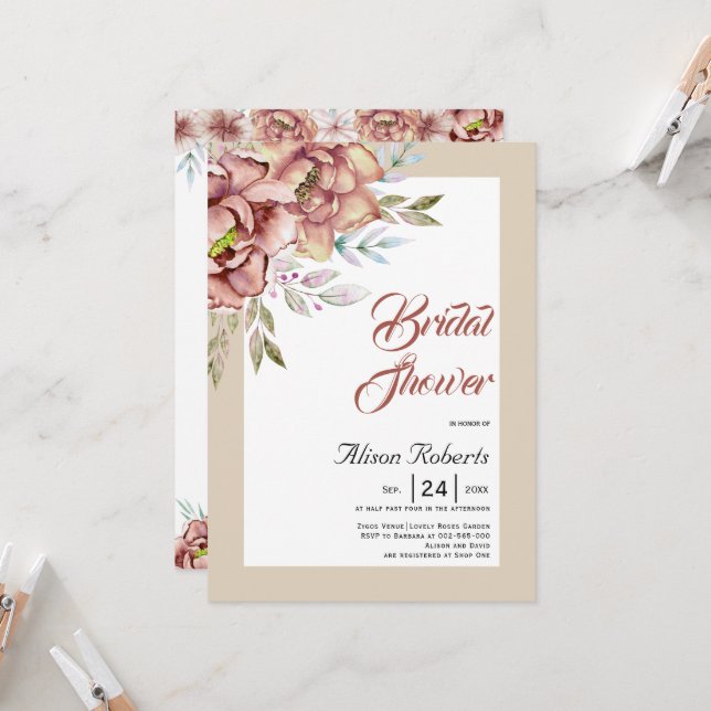 Invitation Douche nuptiale fleurie fleurie en terre cuite (Devant/Arrière en situation)