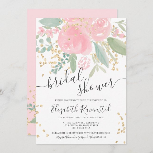 Invitation Douche-nuptiale fleurie rose d'été moderne (Devant / Derrière)