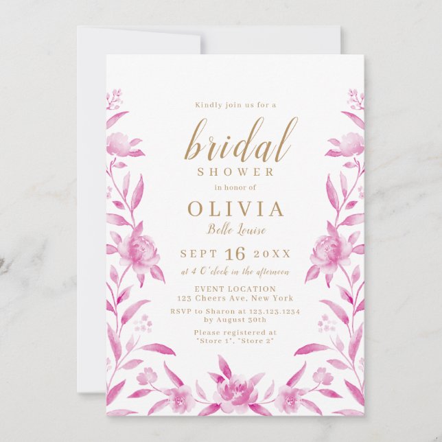 Invitation Douche nuptiale fleurie rose et or (Devant)