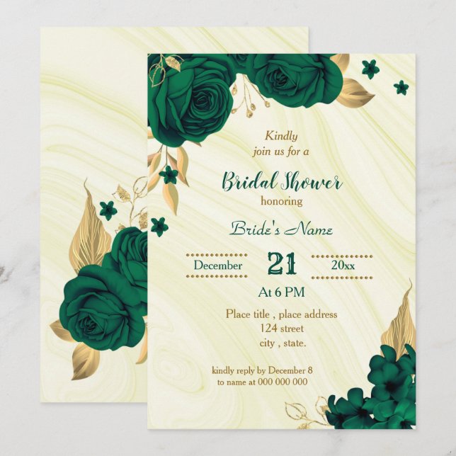 Invitation douche nuptiale fleurie vert émeraude (Devant / Derrière)