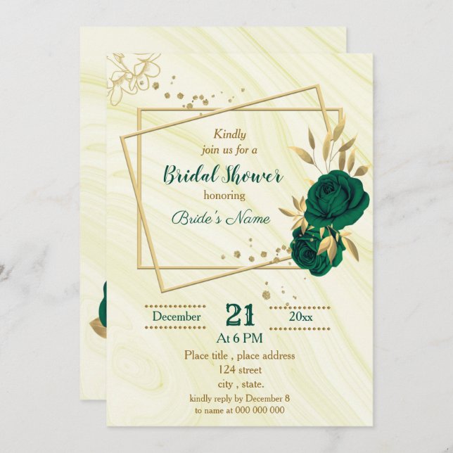 Invitation douche nuptiale fleurie vert émeraude (Devant / Derrière)
