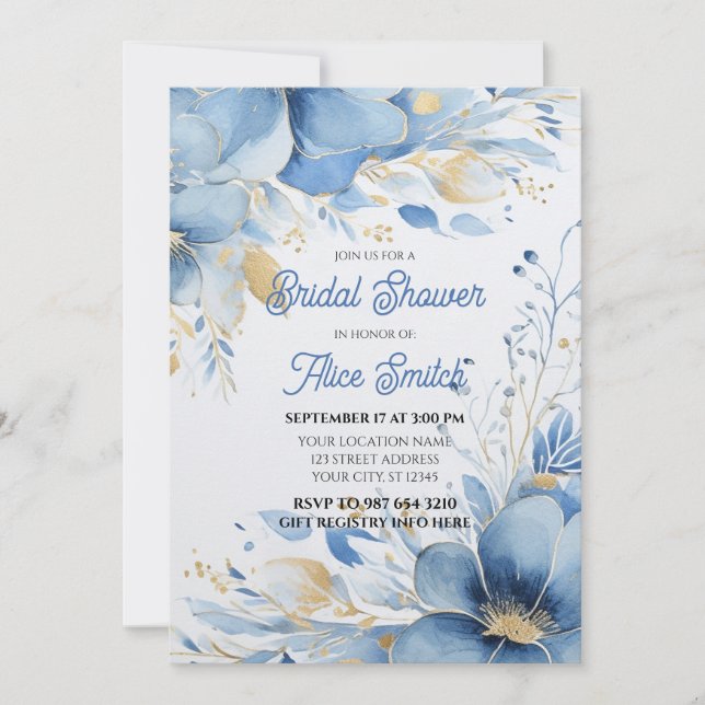 Invitation Douche nuptiale, Fleurs bleues, Élégant (Devant)