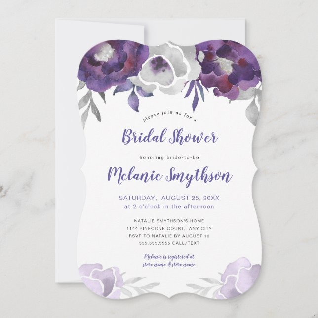 Invitation Douche nuptiale florale 3963 d'aquarelle pourpre (Devant)