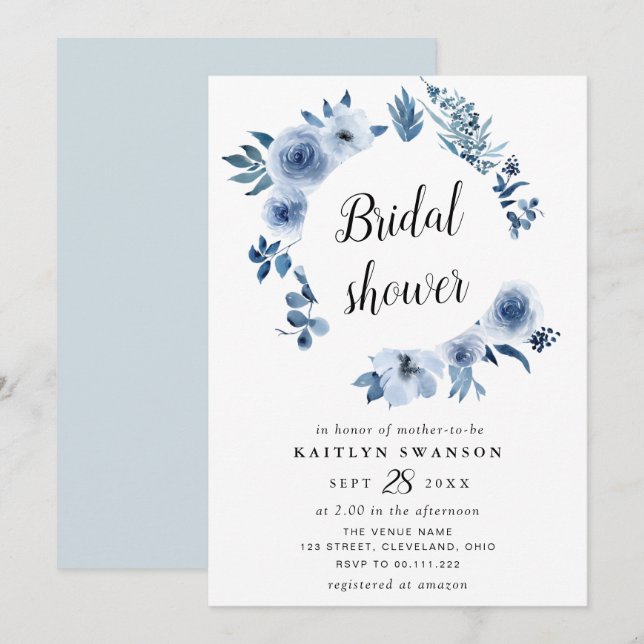 Invitation Douche nuptiale florale bleu aquarelle (Devant / Derrière)