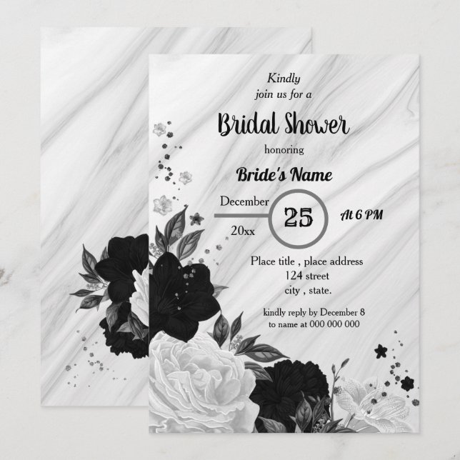 Invitation Douche nuptiale florale noire et blanche (Devant / Derrière)