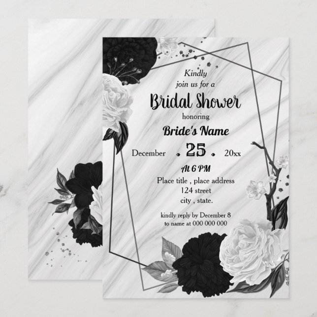 Invitation Douche nuptiale géométrique florale noire et blanc (Devant / Derrière)