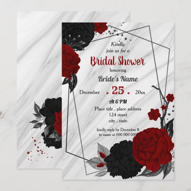 Invitation Douche nuptiale géométrique florale noire et rouge (Devant / Derrière)