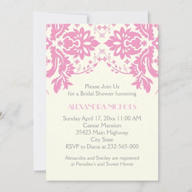 Invitation Douche nuptiale mariage Damask rose, gris, ivoire (Devant)