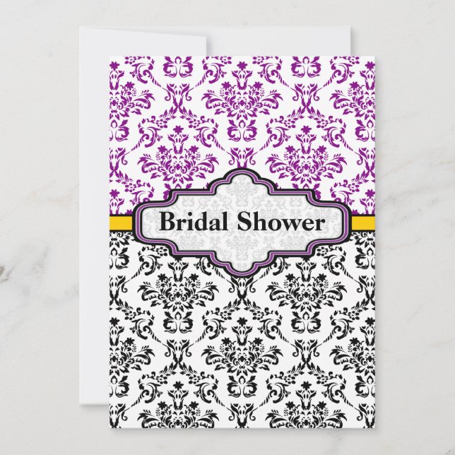 Invitation Douche nuptiale mariage damassé jaune violet noir (Devant)