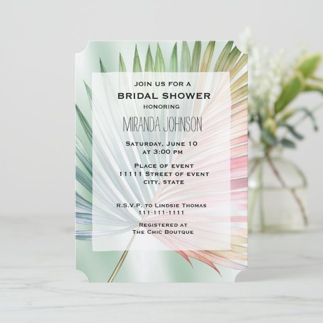 Invitation Douche nuptiale Mint Tropical Pink Green Leaf (Debout devant)