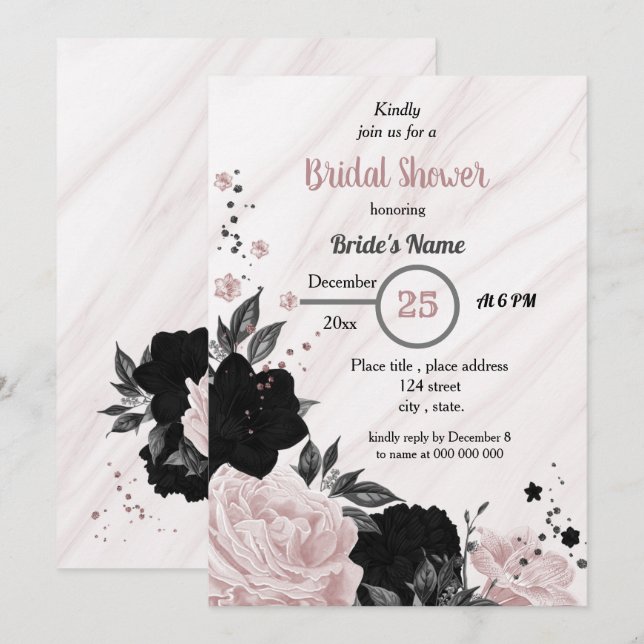 Invitation Douche nuptiale noire et rose douce (Devant / Derrière)