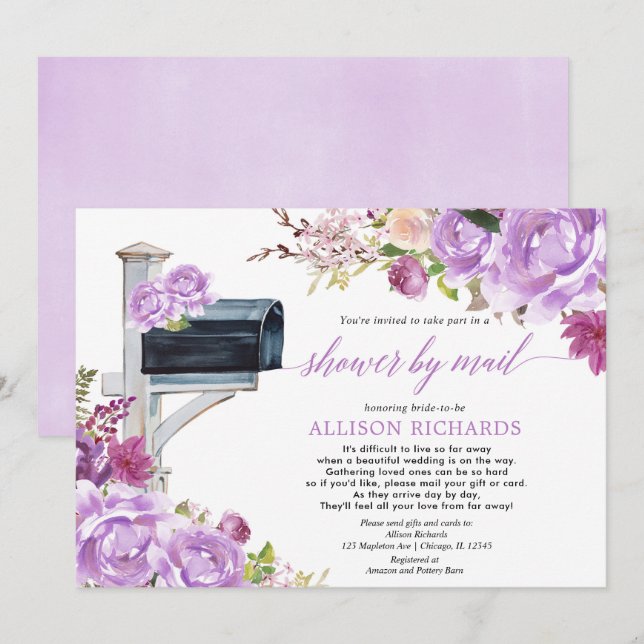 Invitation Douche nuptiale par mail violette lilas fleurie él (Devant / Derrière)