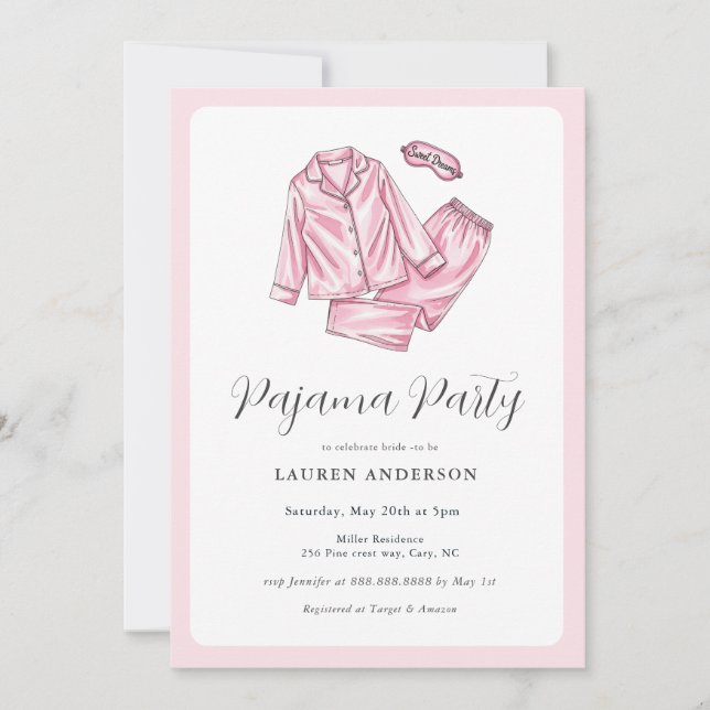 Invitation Douche nuptiale pour la fête du pyjama rose mignon (Devant)