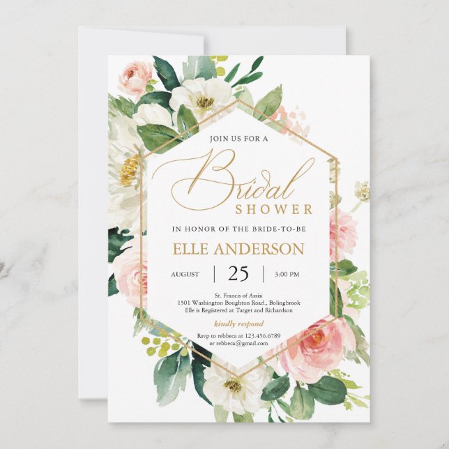 Invitation Douche nuptiale rose floral et or géométrique (Devant)