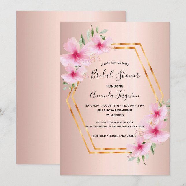 Invitation Douche nuptiale Rose or rose roux fleurs geo (Devant / Derrière)