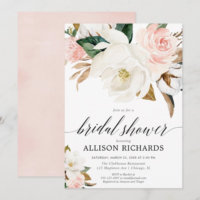 Invitation Douche nuptiale rose rose blanc floral rustique au (Devant / Derrière)