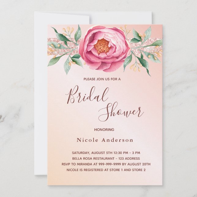 Invitation Douche nuptiale rose rose rose rose floral (Devant)