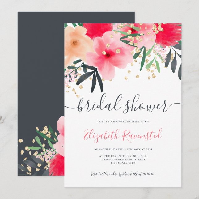 Invitation Douche nuptiale rose rouge vert vert moderne (Devant / Derrière)