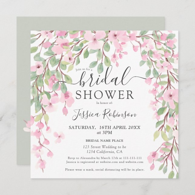 Invitation Douche nuptiale rose-vert moderne (Devant / Derrière)