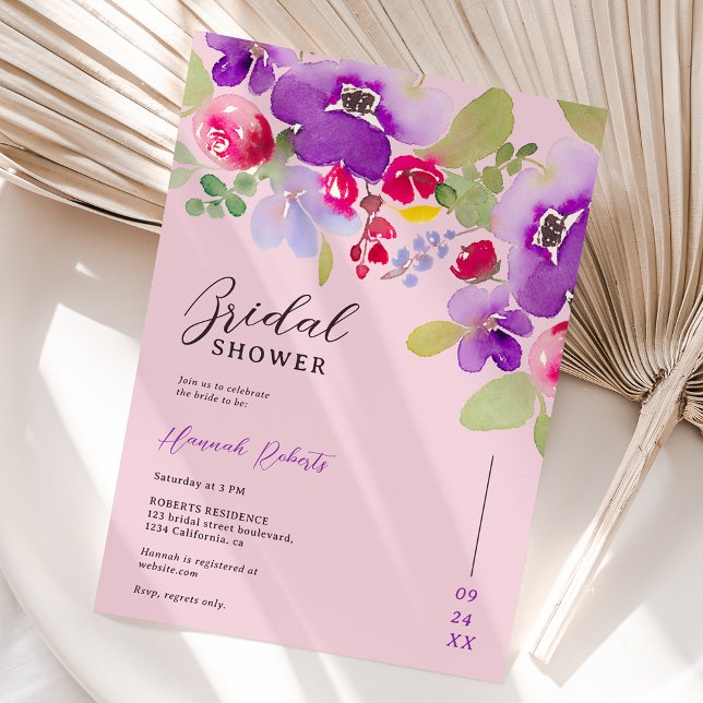 Invitation Douche nuptiale rose violet (Fall pink purple floral watercolor bridal shower invitation on pink)