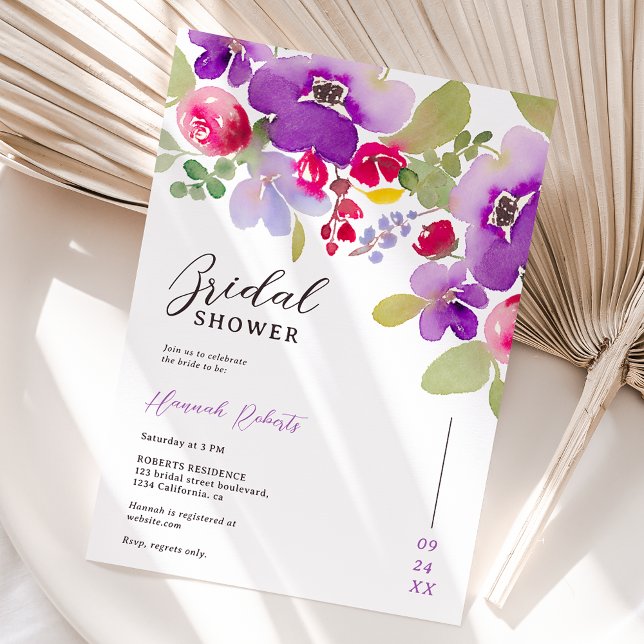 Invitation Douche nuptiale rose violet (Fall pink purple floral watercolor bridal shower invitation)