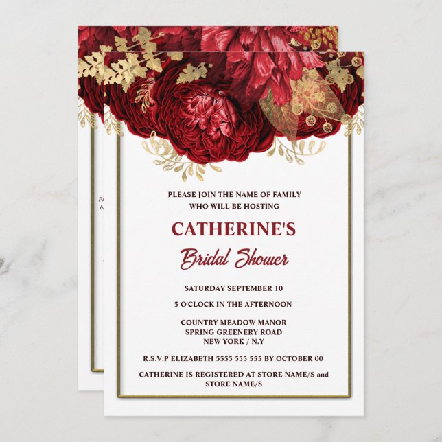 Invitation Douche nuptiale rouge or blanc rose (Devant / Derrière)