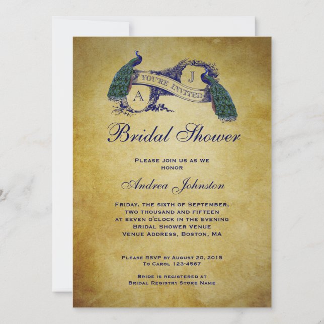 Invitation Douche nuptiale rustique de paon (Devant)