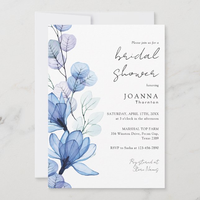 Invitation Douche nuptiale transparente Dusty Blue Floral (Devant)