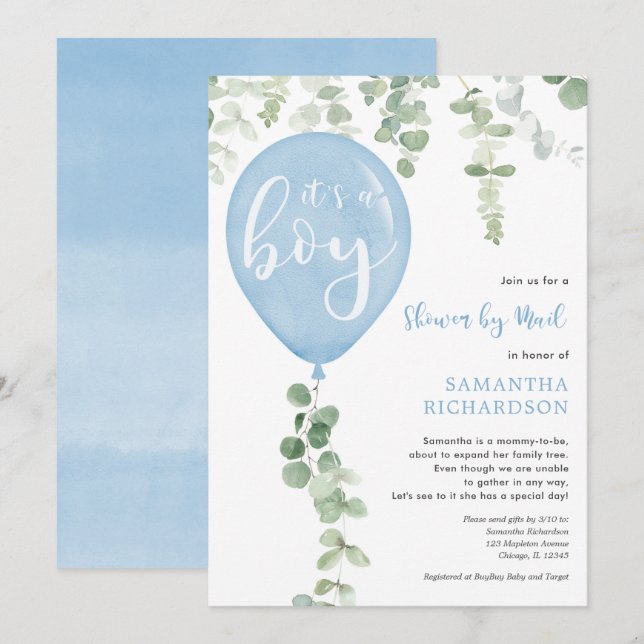 Invitation Douche par baby shower à ballon bleu courrier à eu (Devant / Derrière)