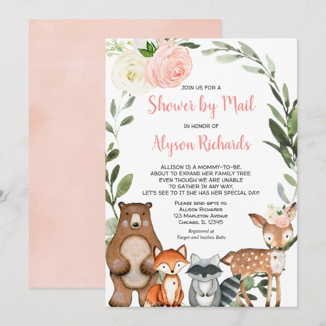 Invitation Douche par courrier baby shower de fleurs de bois (Devant / Derrière)