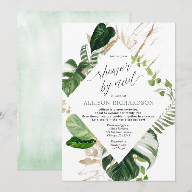 Invitation Douche par courrier baby shower tropical vert or (Devant / Derrière)