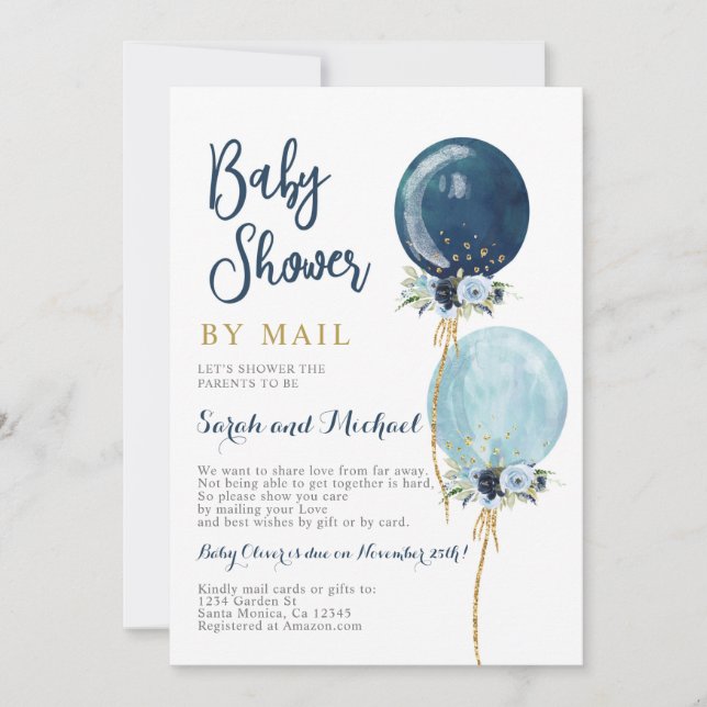 Invitation Douche par courrier bleu marine ballons garçon (Devant)