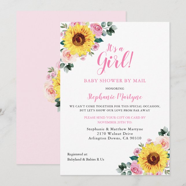 Invitation Douche Par Courrier C'Est Une Fille Tournesol Rose (Devant / Derrière)
