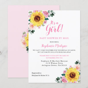 Invitation Douche Par Courrier C'Est Une Fille Tournesol Rose