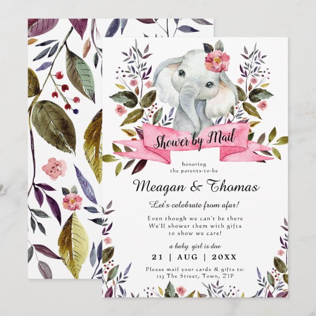 Invitation douche par courrier de baby shower rose éléphant l (Devant / Derrière)