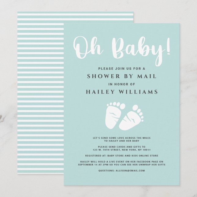 Invitation Douche par courrier Oh Baby Feet Mint clair Blanc (Devant / Derrière)
