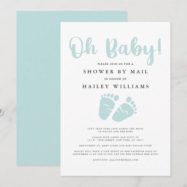 Invitation Douche par courrier | Oh Baby Mint Green Baby Feet (Devant / Derrière)
