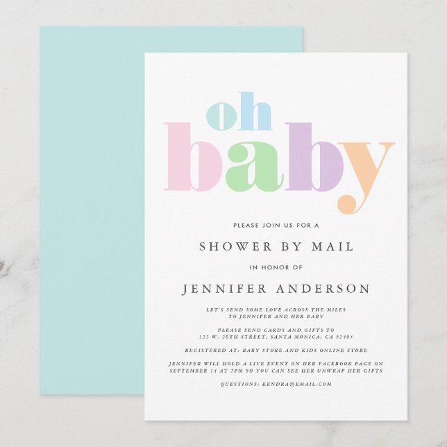 Invitation Douche par courrier | Oh Baby Pastel Minimal Moder (Devant / Derrière)