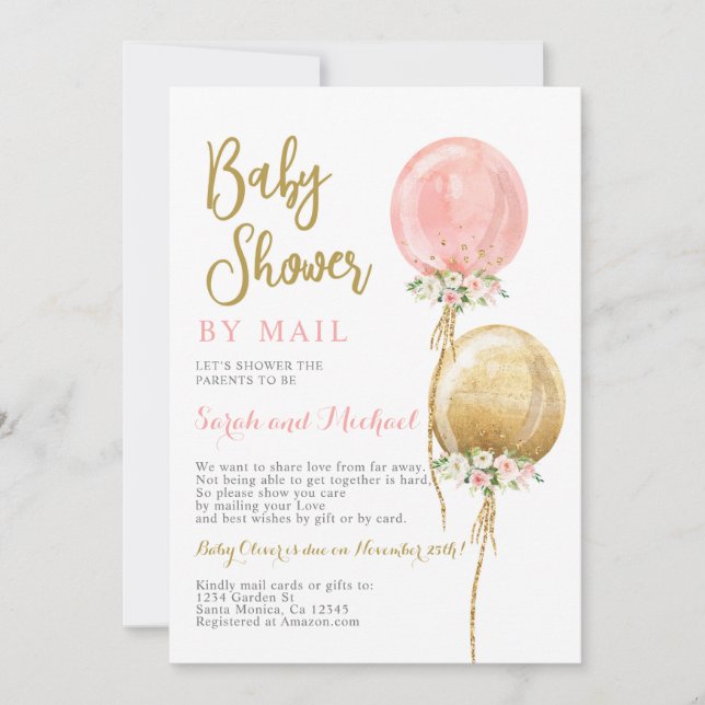 Invitation Douche par courrier rose et or ballons fille (Devant)