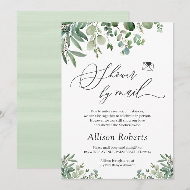 Invitation Douche Par Courrier Script Vert Eucalyptus Feuille (Devant / Derrière)