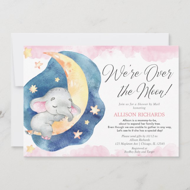 Invitation Douche par courrier sur la lune baby shower fille  (Devant)