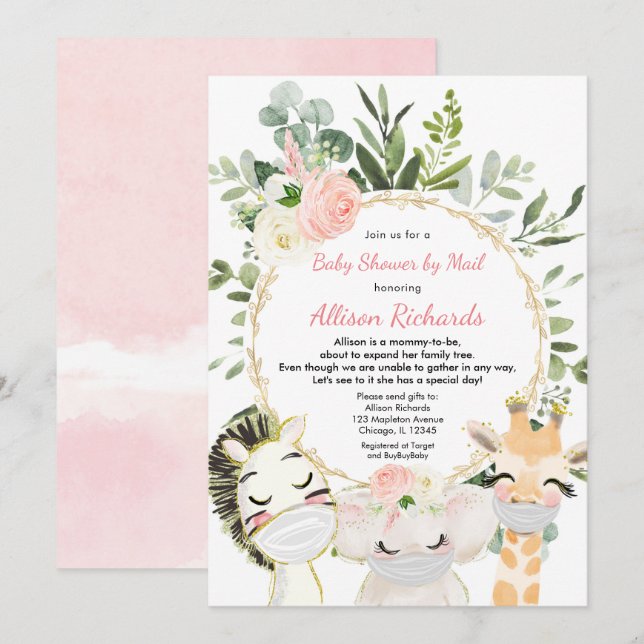 Invitation Douche par courrier vert verdure or fille baby sho (Devant / Derrière)