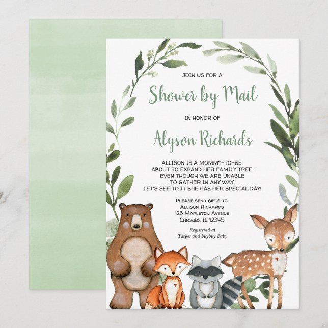 Invitation Douche par courrier Woodland forêt amis baby showe (Devant / Derrière)