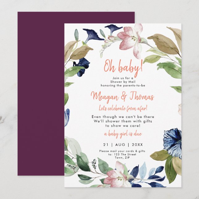 Invitation douche par la poste de la lointaine fille baby sho (Devant / Derrière)