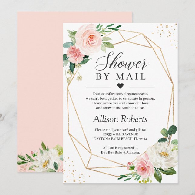 Invitation Douche Par Mail Blush Rose Floral Or Géométrique (Devant / Derrière)