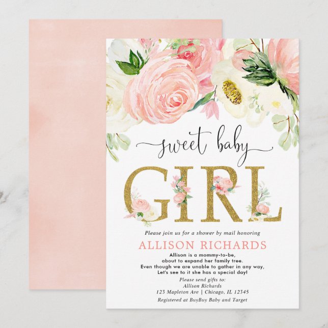 Invitation Douche par mail blush rose or fille baby shower (Devant / Derrière)