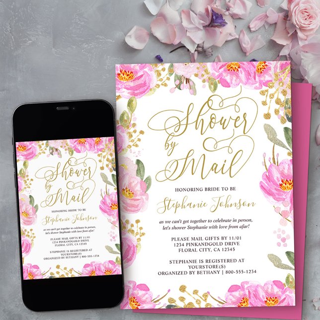 Invitation Douche par Mail Calligraphie rose et or Floral (Order professionally printed or as a diy printable invitation digital download)