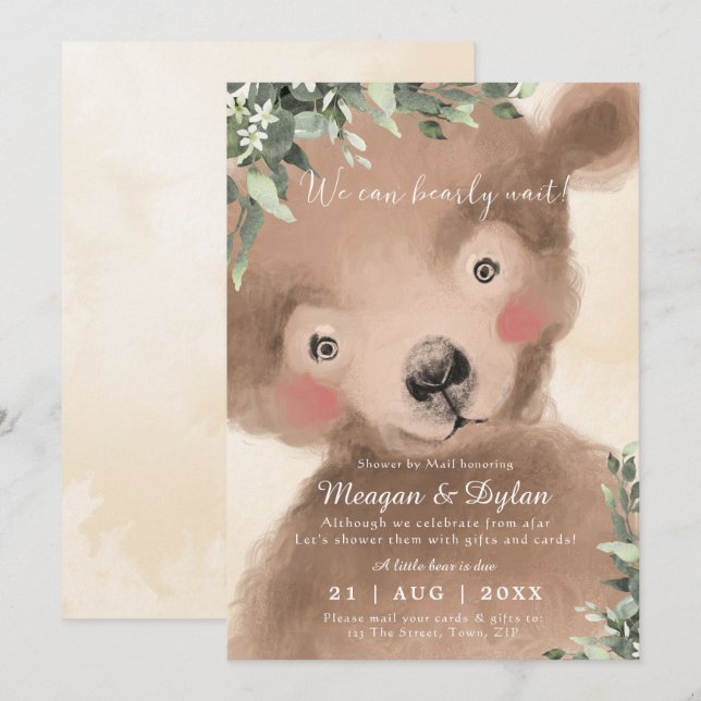 Invitation douche par mail ours neutre baby shower moderne (Devant / Derrière)
