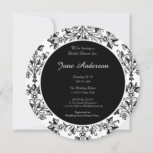 Invitation Douche personnalisée Noir Blanc Floral Damask Invi (Dos)